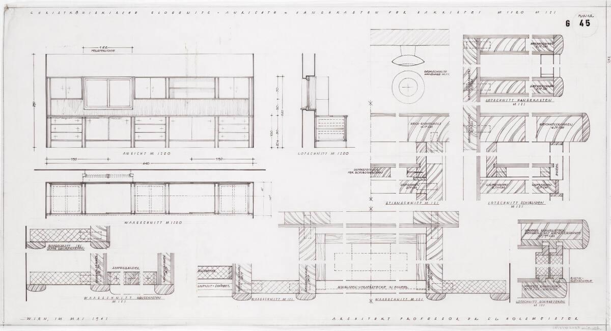 Gloggnitz, Christkönigskirche II (Kardinal-Piffl-Ged.k.); Anrichte u. Hängekasten f. Sakristei,…