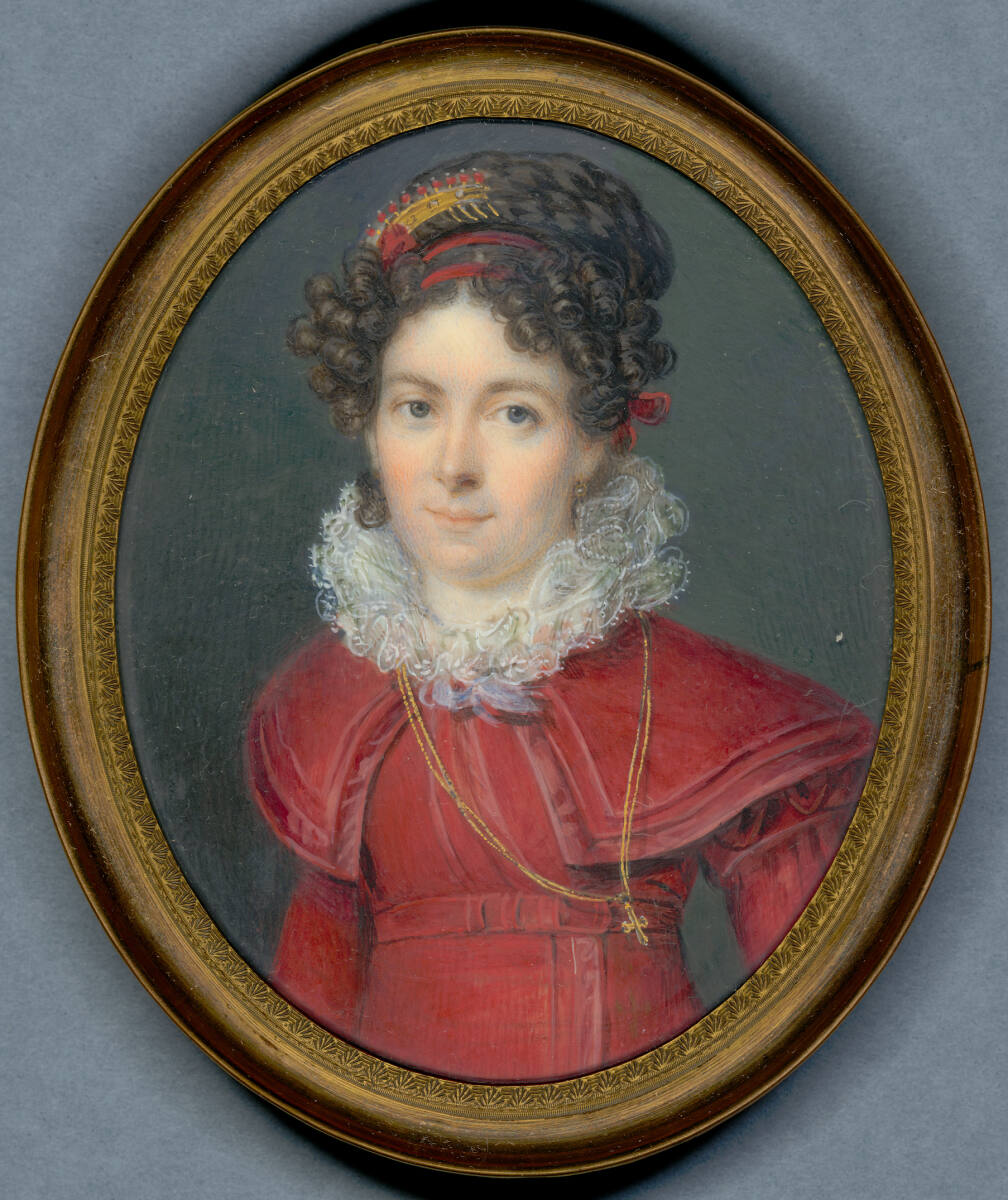 Dame in rotem Kleid mit Schulterkragen und weißer Spitzenhalskrause, Joseph Krafft, 1823