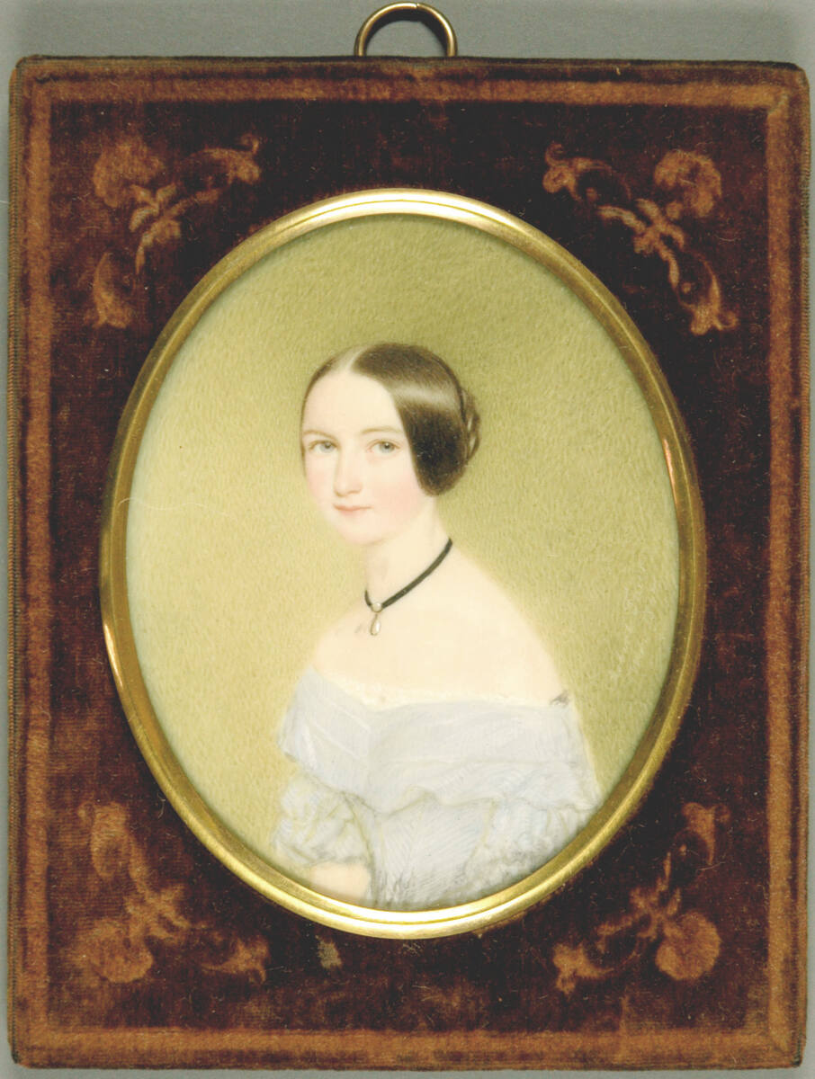 Junge Dame in hellblauem Kleid, mit einer Perle an einem schwarzen Halsbändchen, Robert Theer, 1844