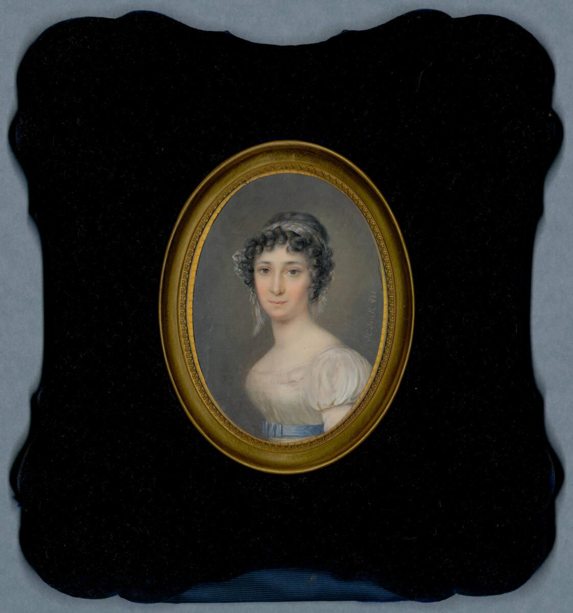 Joseph Lambert Denk, Frau Anna Denk, die Gattin des Künstlers, in weißem Kleid mit blauem Gürte…