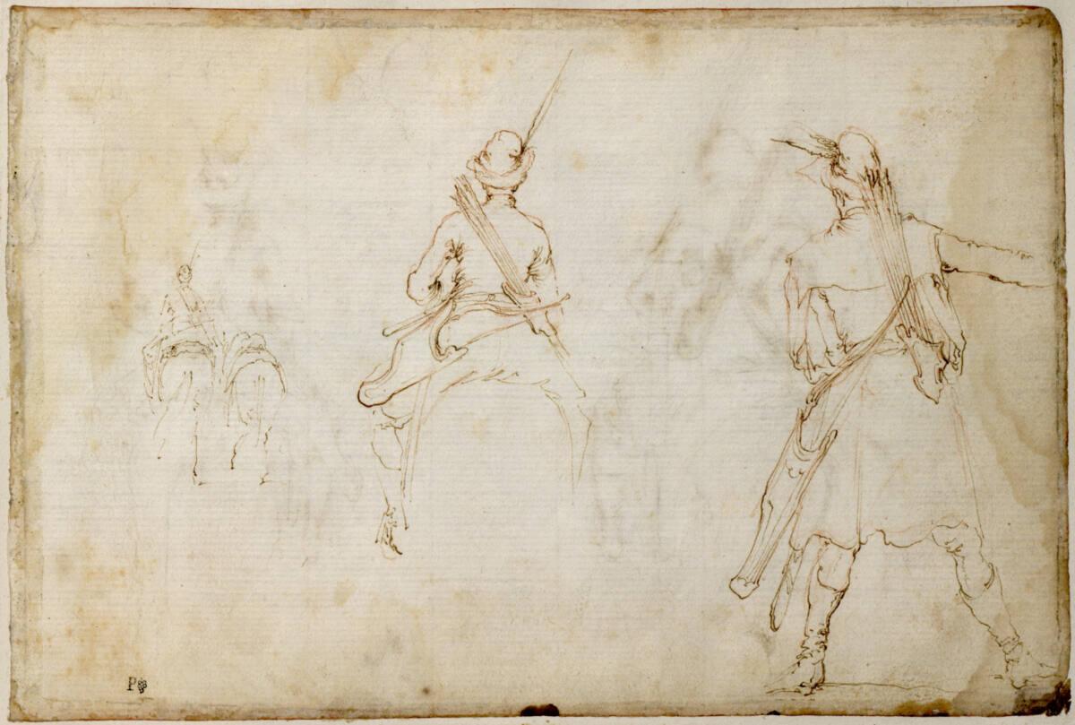 Stefano della Bella, Zwei polnische Reiter in Rückenansicht und stehender Soldat mit Köcher am …