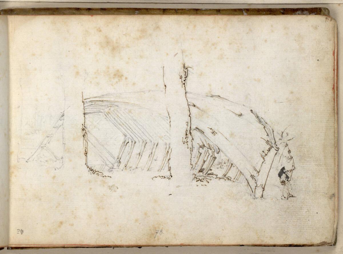 Stefano della Bella, Skizze eines alten Bootes, das gegen Baumstämme gelehnt ist, Inv. Nr.: 113…
