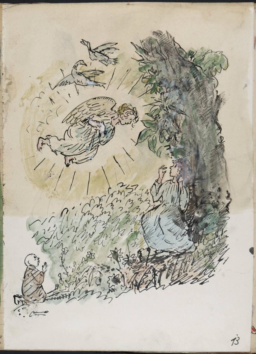 Oskar Laske, Illustration einer christologischen Szene im Freien mit betendem Oskar Laske, Inv.…