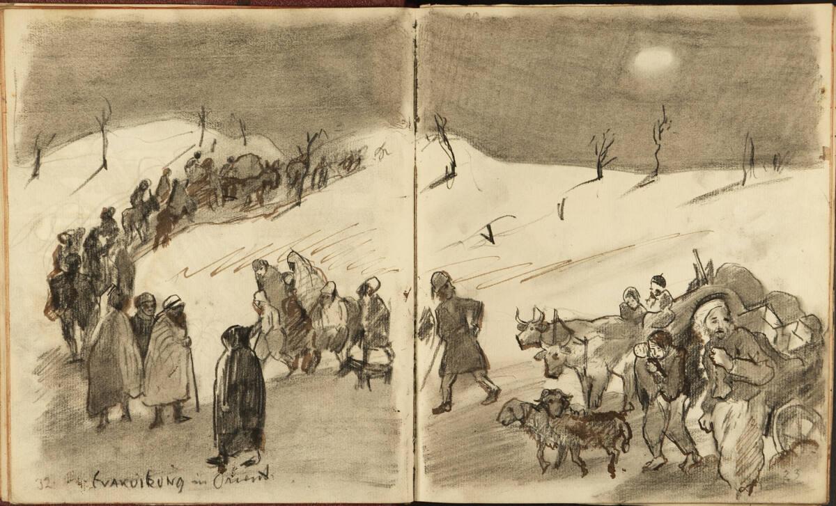 Oskar Laske, "EVAKUIERUNG im Orient."; Illustration eines Auszuges, Inv. Nr.: 35007/13/32-33