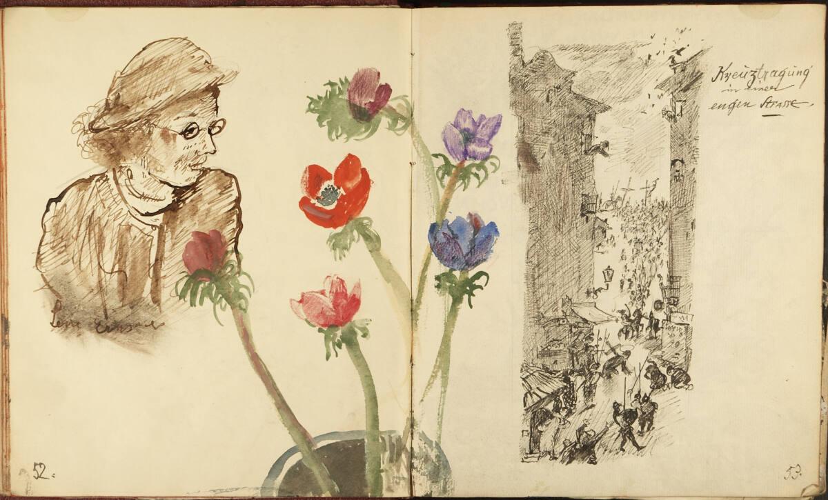 Oskar Laske, Porträt Leni Ernser (?); Blumenstudie; "Kreuztragung in einer engen STRASSE.", Inv…