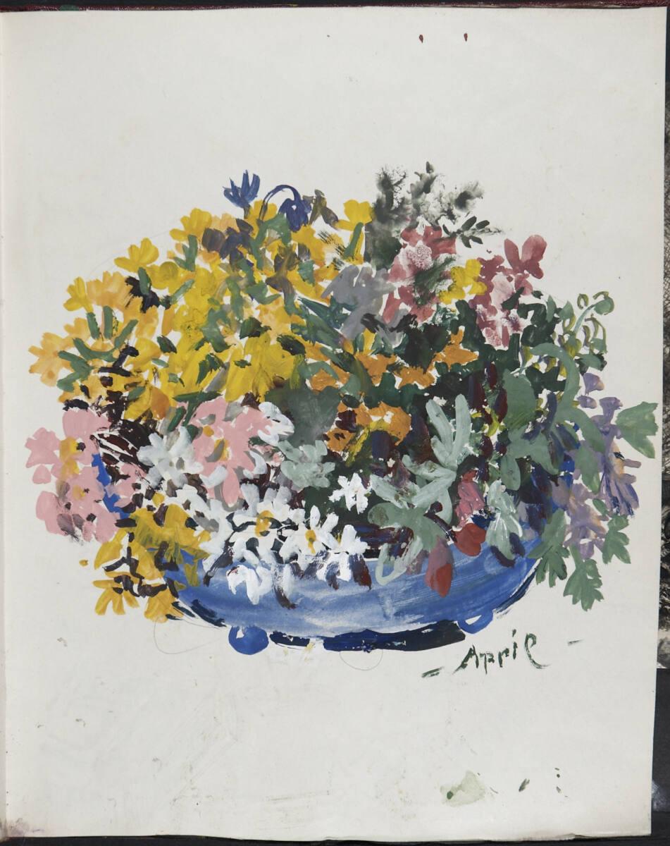 Oskar Laske, "April"; Illustration mit üppigen Blumen im Topf, Inv. Nr.: 35007/13/67