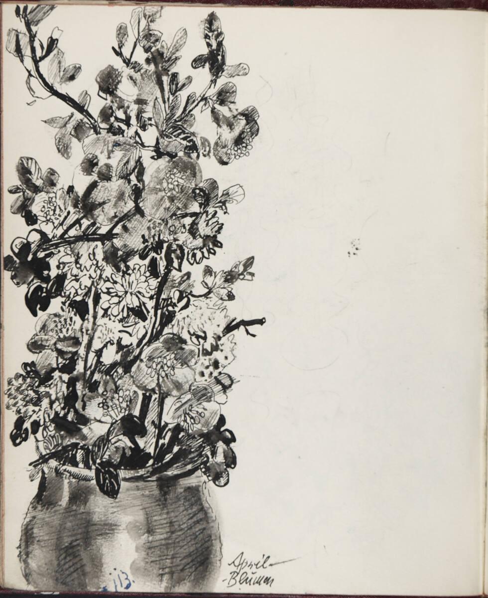 Oskar Laske, "April - Blumen", Illustration eines Topfes mit hochgewachsenen Blumen, Inv. Nr.: …