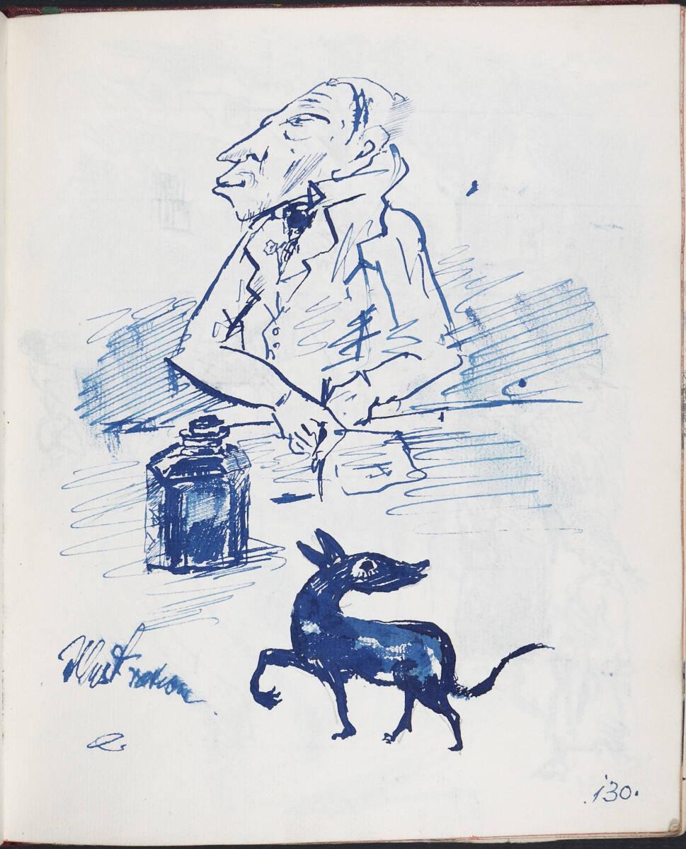 Oskar Laske, Illustration eines Schreibenden (karikiert) mit Hündchen am Tisch, Inv. Nr.: 35007…