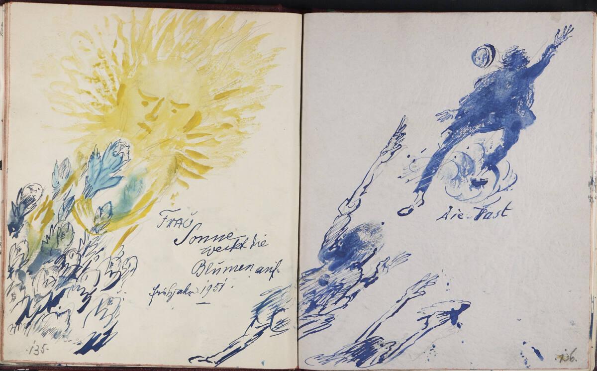 Oskar Laske, "Frau Sonne weckt die Blumen auf."; "Die Hast", Illustrationen, Inv. Nr.: 35007/13…