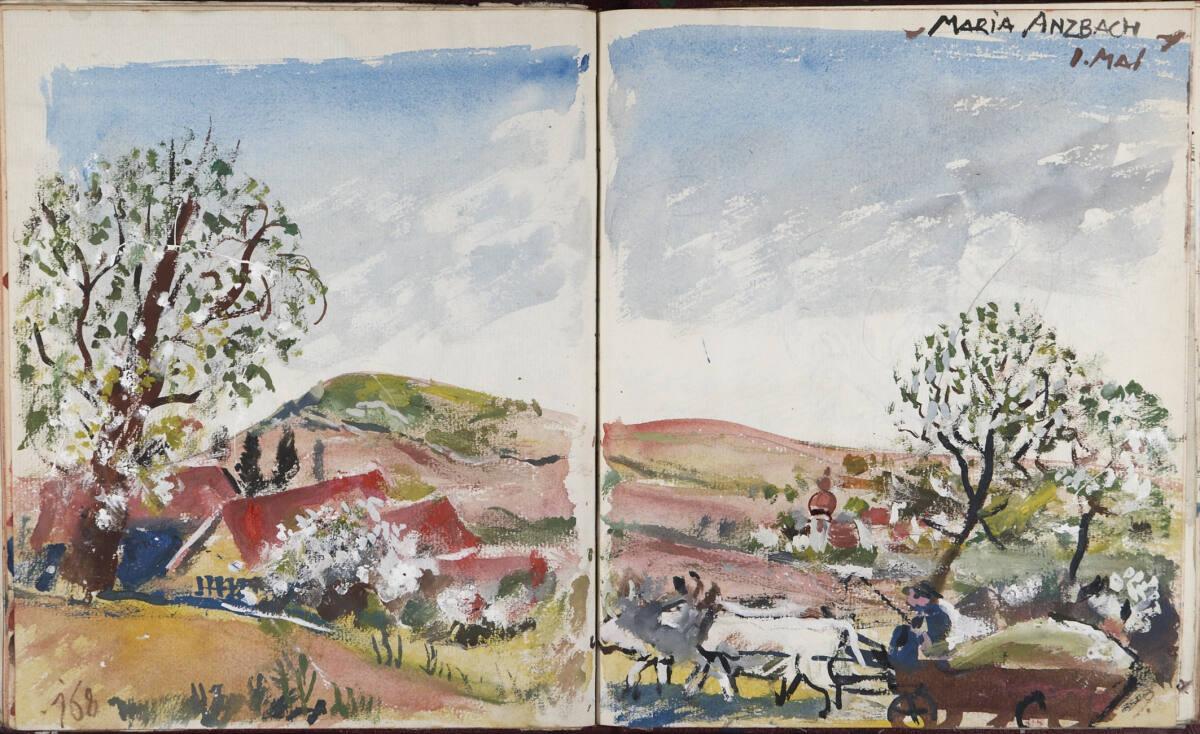 Oskar Laske, Illustration einer ruralen Szene in "MARIA ANZBACH", Inv. Nr.: 35007/13/168-169