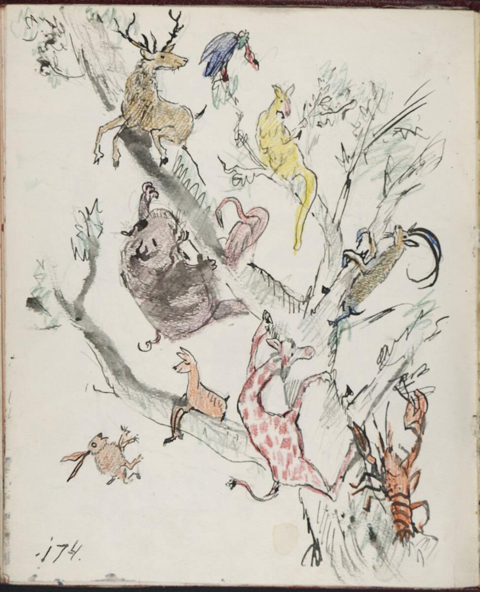 Oskar Laske, Illustration eines mit Tieren bestückten Baumes, Inv. Nr.: 35007/13/174