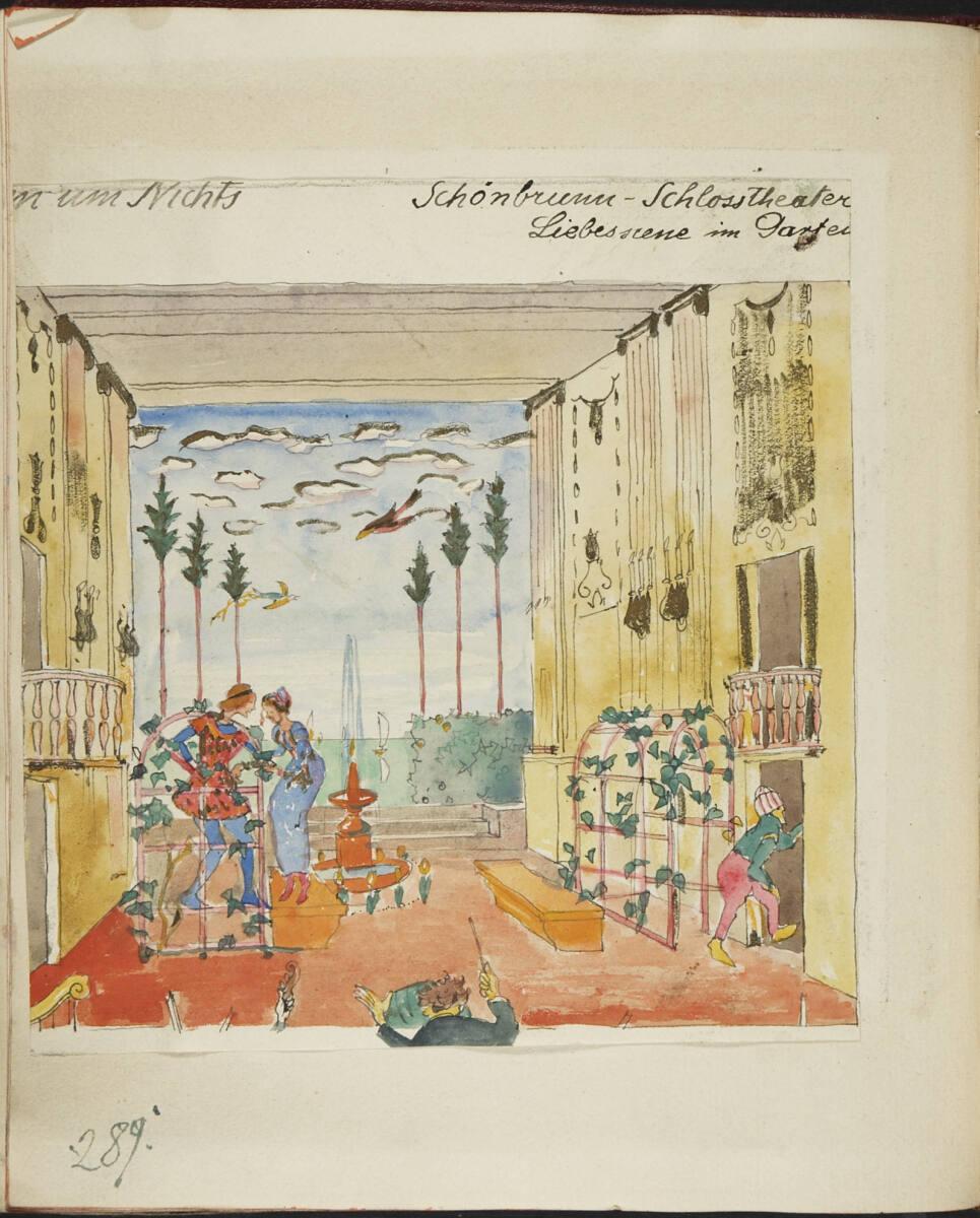 Oskar Laske, Bühnenentwurf "Viel Lärm um Nichts" (beschnitten) "Schönbrunn - Schlosstheater, Li…