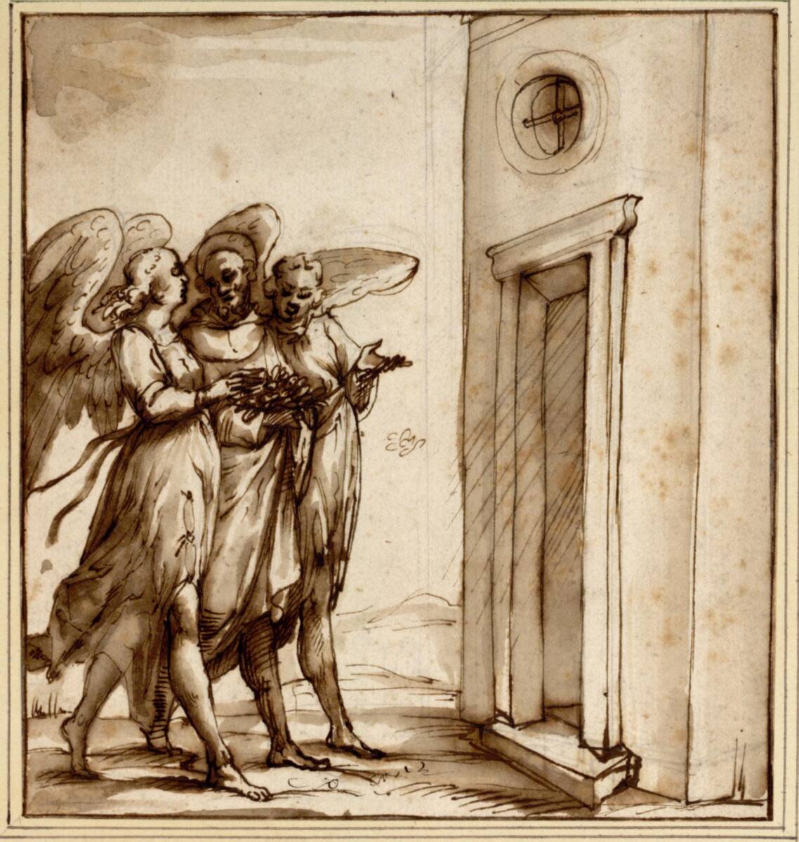 Zwei Engel geleiten den heiligen Franziskus mit den Rosen in die Kirche, Domenico Passignano