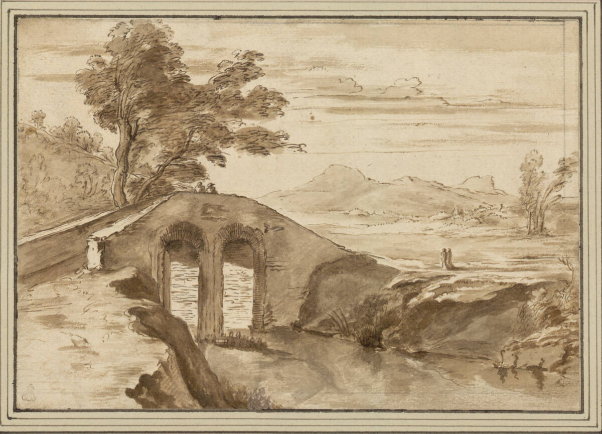Flusslandschaft mit Steinbrücke