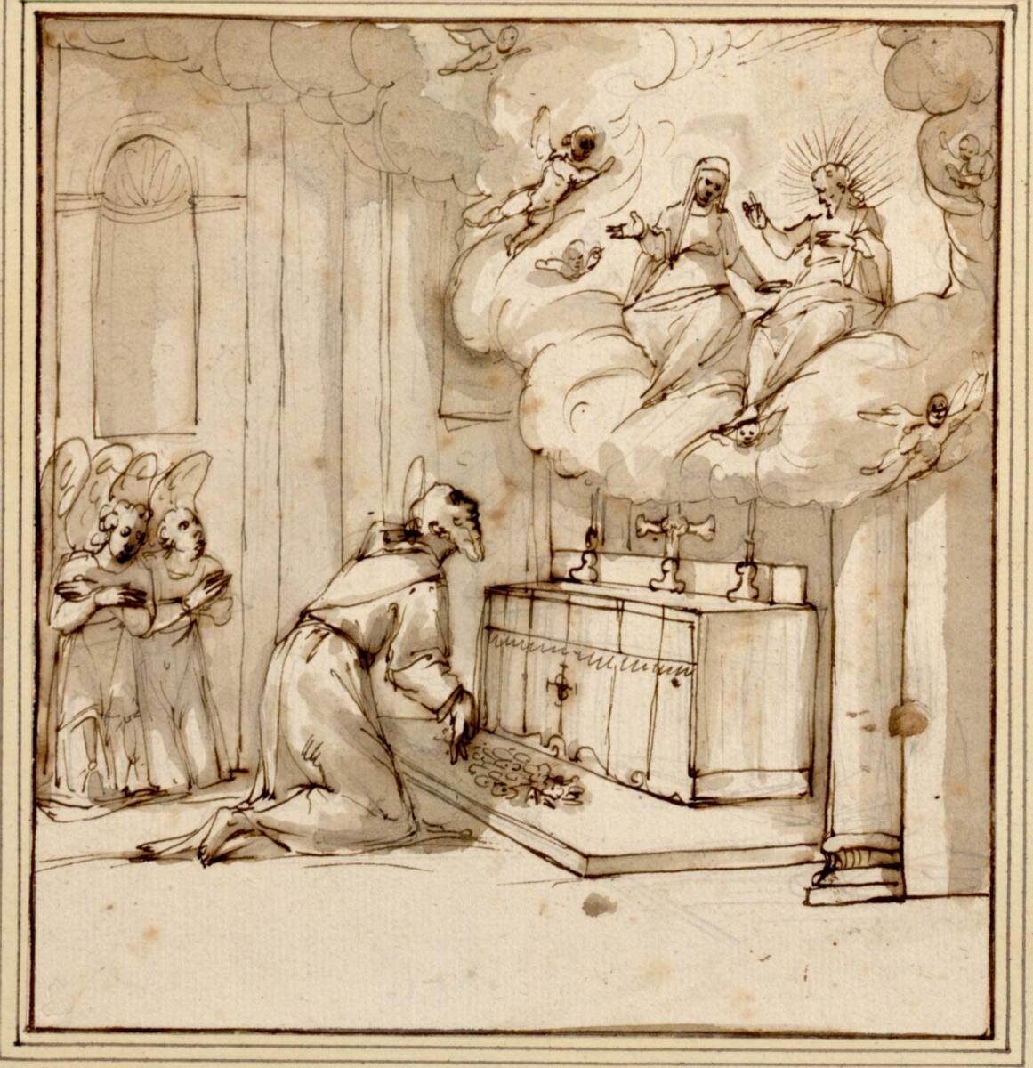 Der heilige Franziskus legt die Rosen auf den Altarsockel; oben die Vision von Maria und Christus, Domenico Passignano