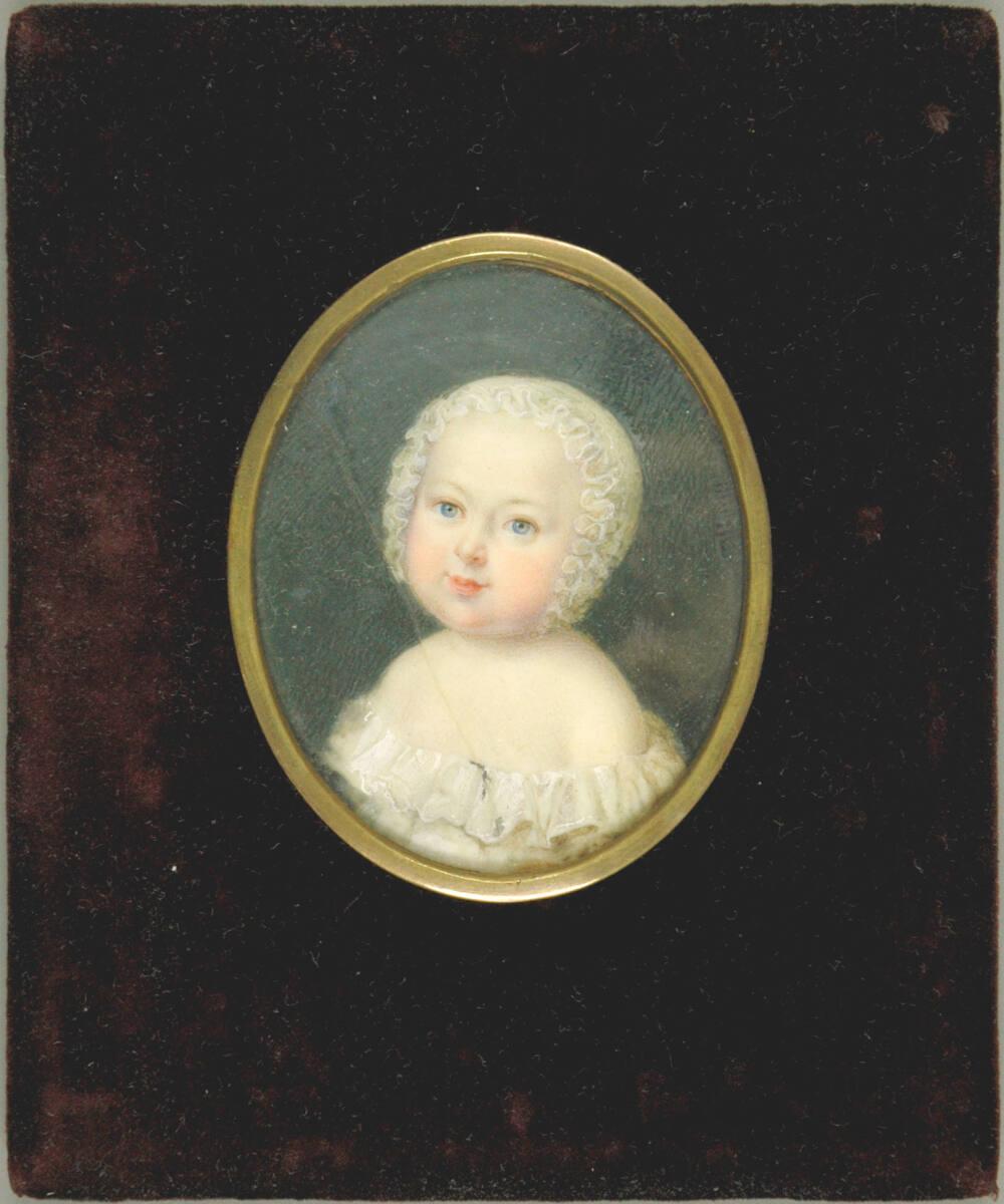 Anonym, Kleinkinderbrustbild nach links in Spitzenhäubchen und Rokokokleid, Inv. Nr.: 29780