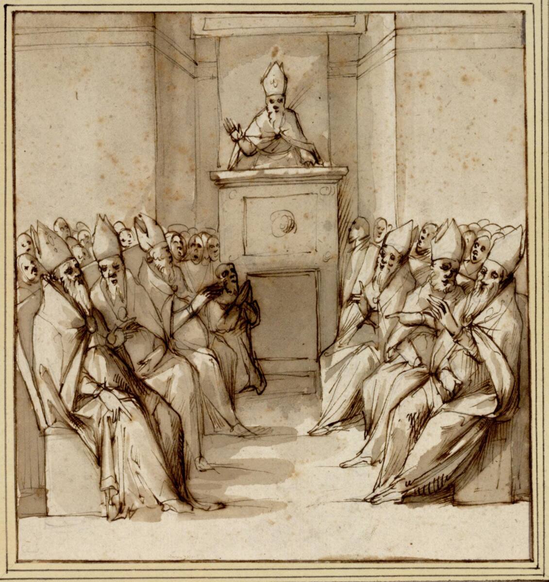 Der heilige Franziskus als Bischof predigt den Bischöfen und dem Volk auf den Bänken, Domenico Passignano