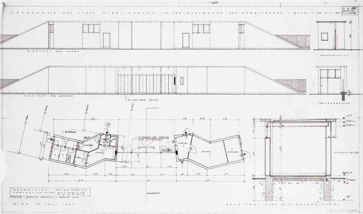 Wien, 11. Bezirk, Krematorium II, Erweiterung; Portal für die Erweiterung in der Ringmauer, Inn…