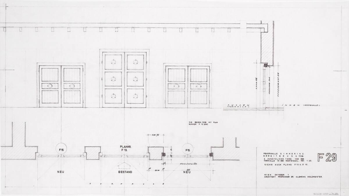Wien, 11. Bezirk, Krematorium II, Erweiterung; 2 zusätzliche Tore von der Vorhalle in den Warte…
