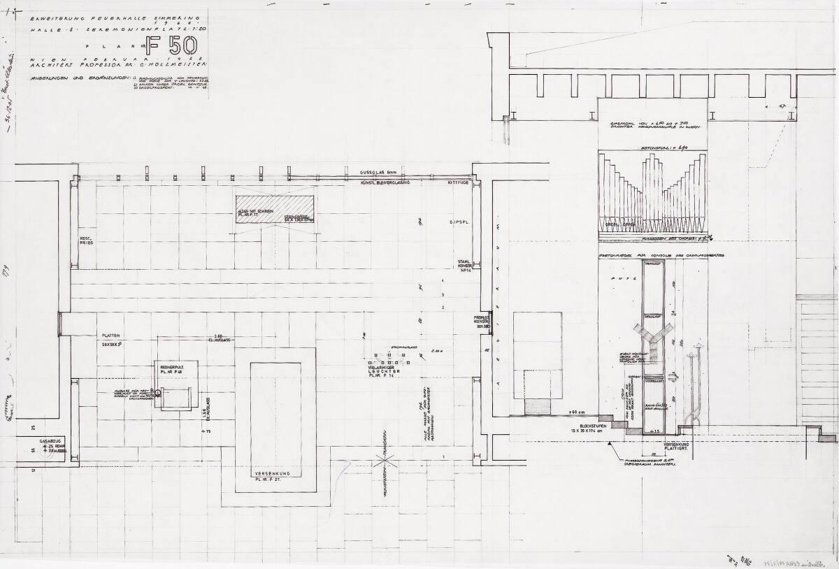 Wien, 11. Bezirk, Krematorium II, Erweiterung; Halle 3, Zeremonienplatz, Horizontalschnitt, Ver…