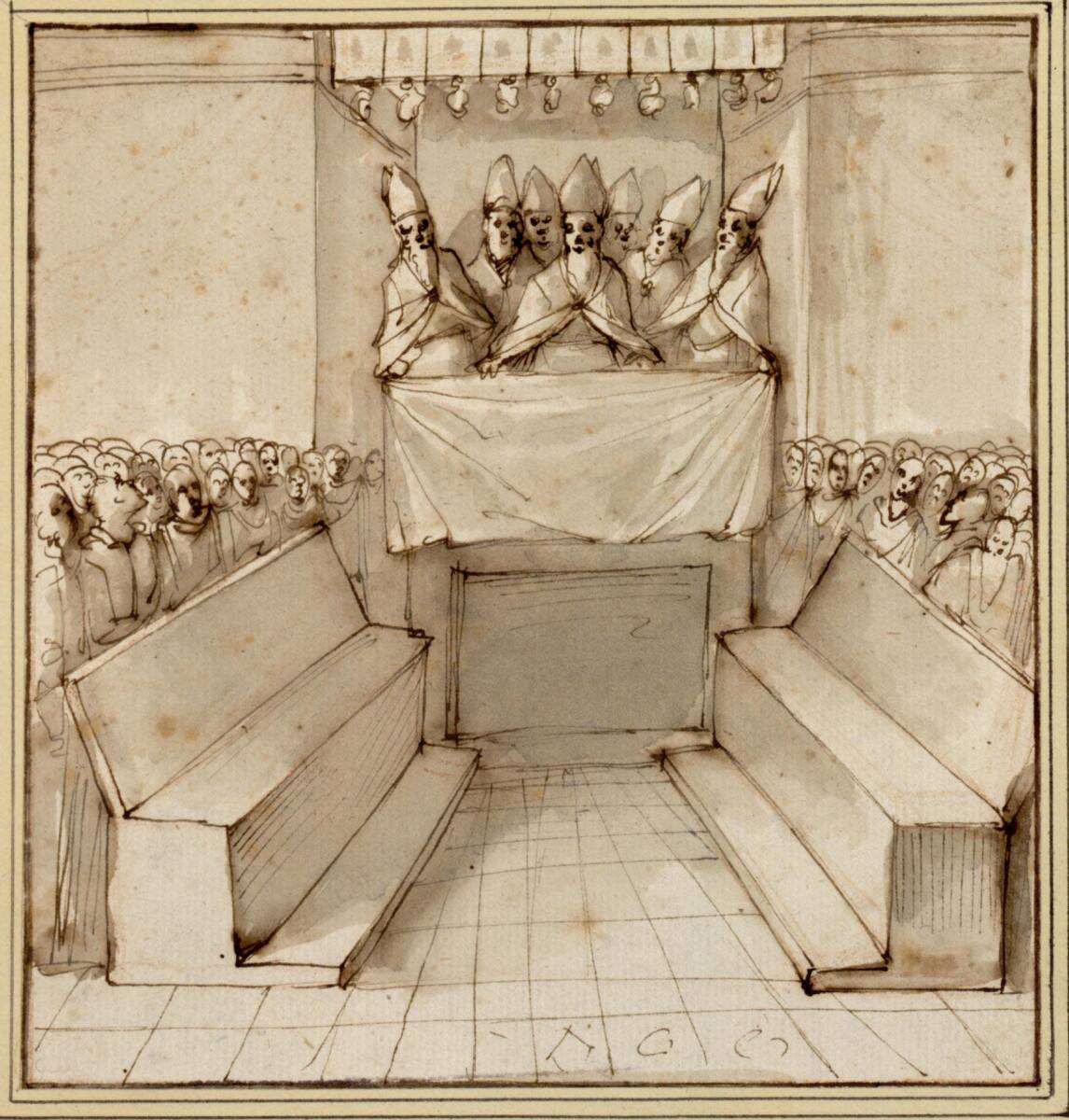 Die Bischöfe auf der Kanzel mit leeren Bänken vor dem Volk, Domenico Passignano