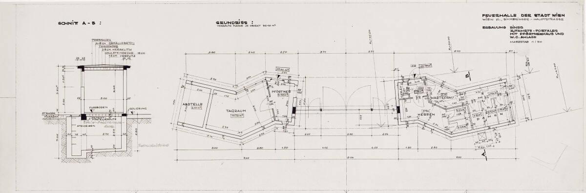 Wien, 11. Bezirk, Krematorium II, Erweiterung; Zufahrtsportal mit Pförtnerhaus und WC-Anlage, H…