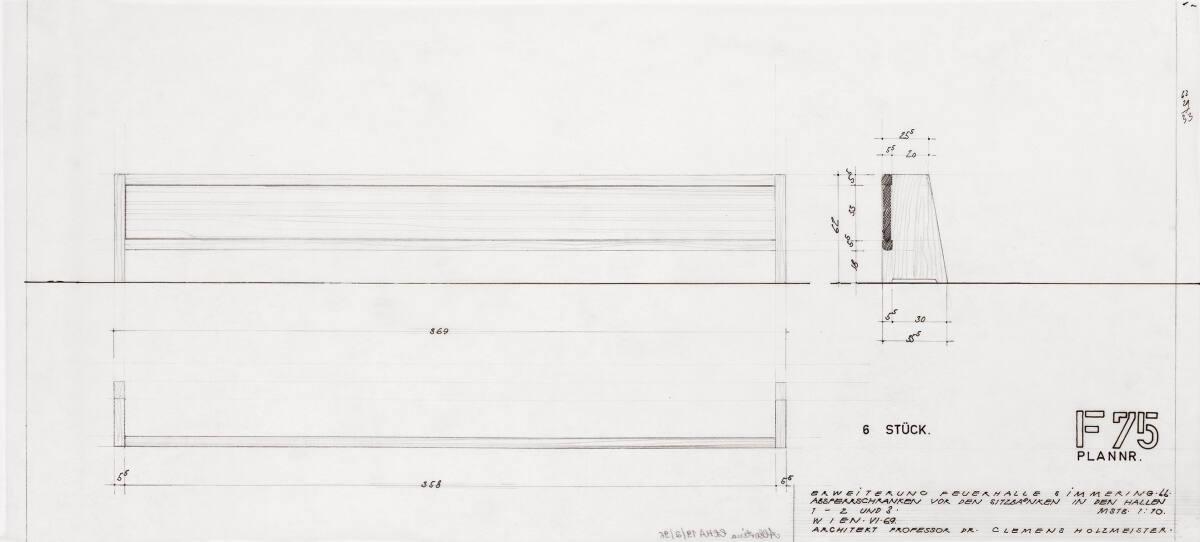 Wien, 11. Bezirk, Krematorium II, Erweiterung; Hallen 1, 2 und 3, Absperrschranken vor den Sitz…