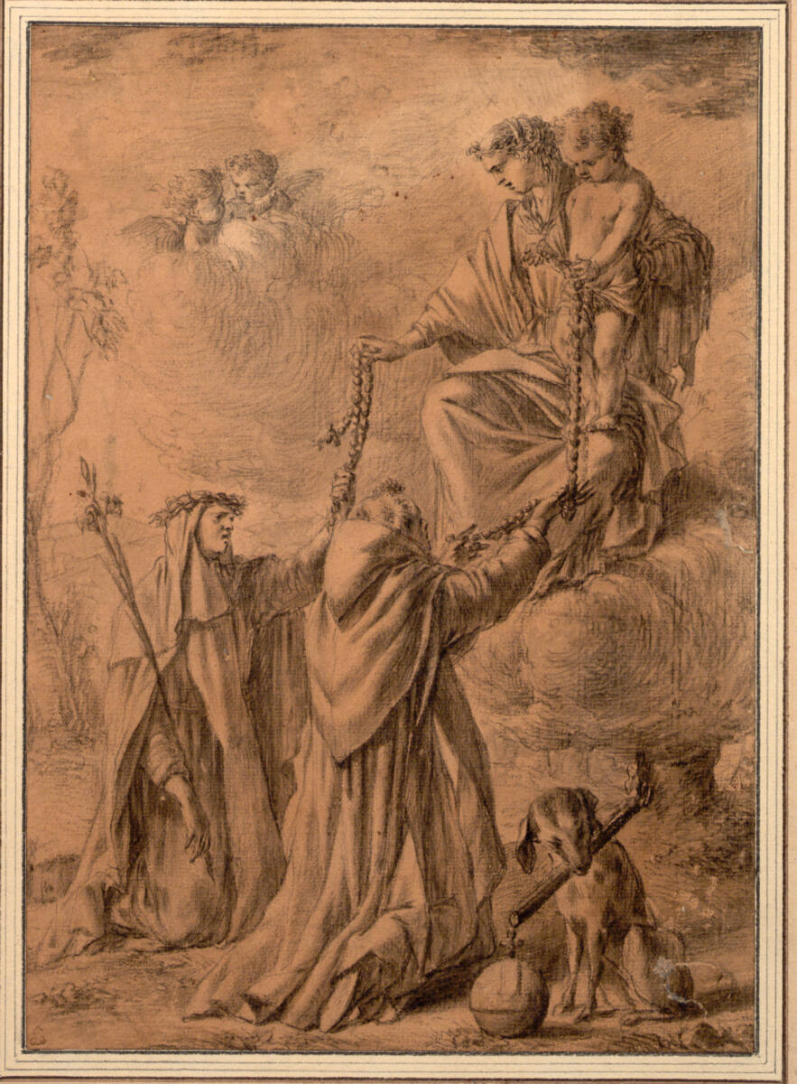 Der heilige Dominik und die heilige Katharina erhalten den Rosenkranz von der Jungfrau und Jesus, Laurent de La Hyre