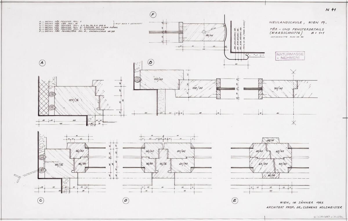 Wien, 19. Bezirk, Neulandschule, Erweiterung; Detailplan; Türen und Fenster, Details A, B, C, D…
