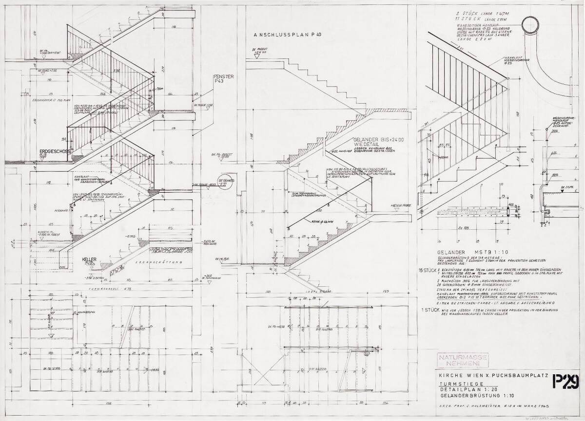 Wien, 10. Bezirk, Puchsbaumplatz, Pfarrzentrum "Zur Heiligen Familie"; Detailplan; Turmstiege, …