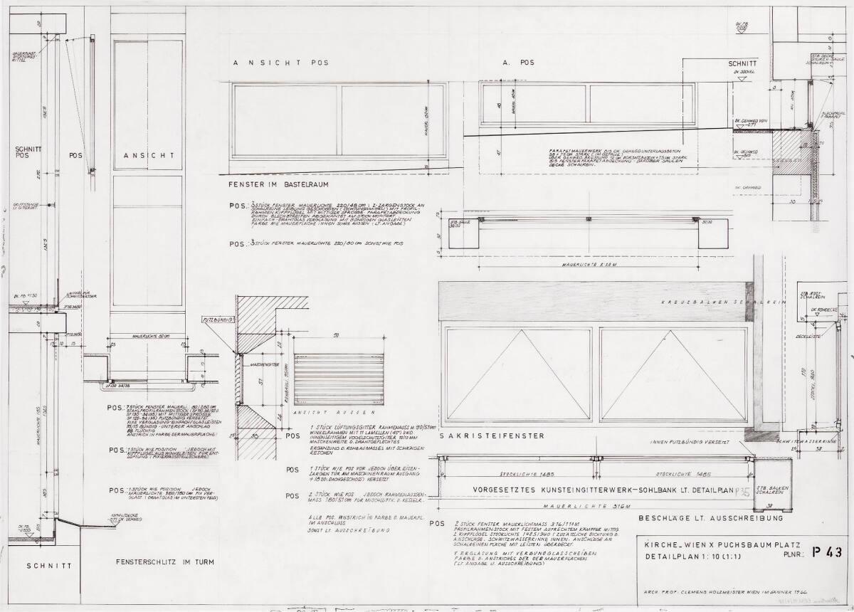 Wien, 10. Bezirk, Puchsbaumplatz, Pfarrzentrum "Zur Heiligen Familie"; Detailplan; Fensterschli…