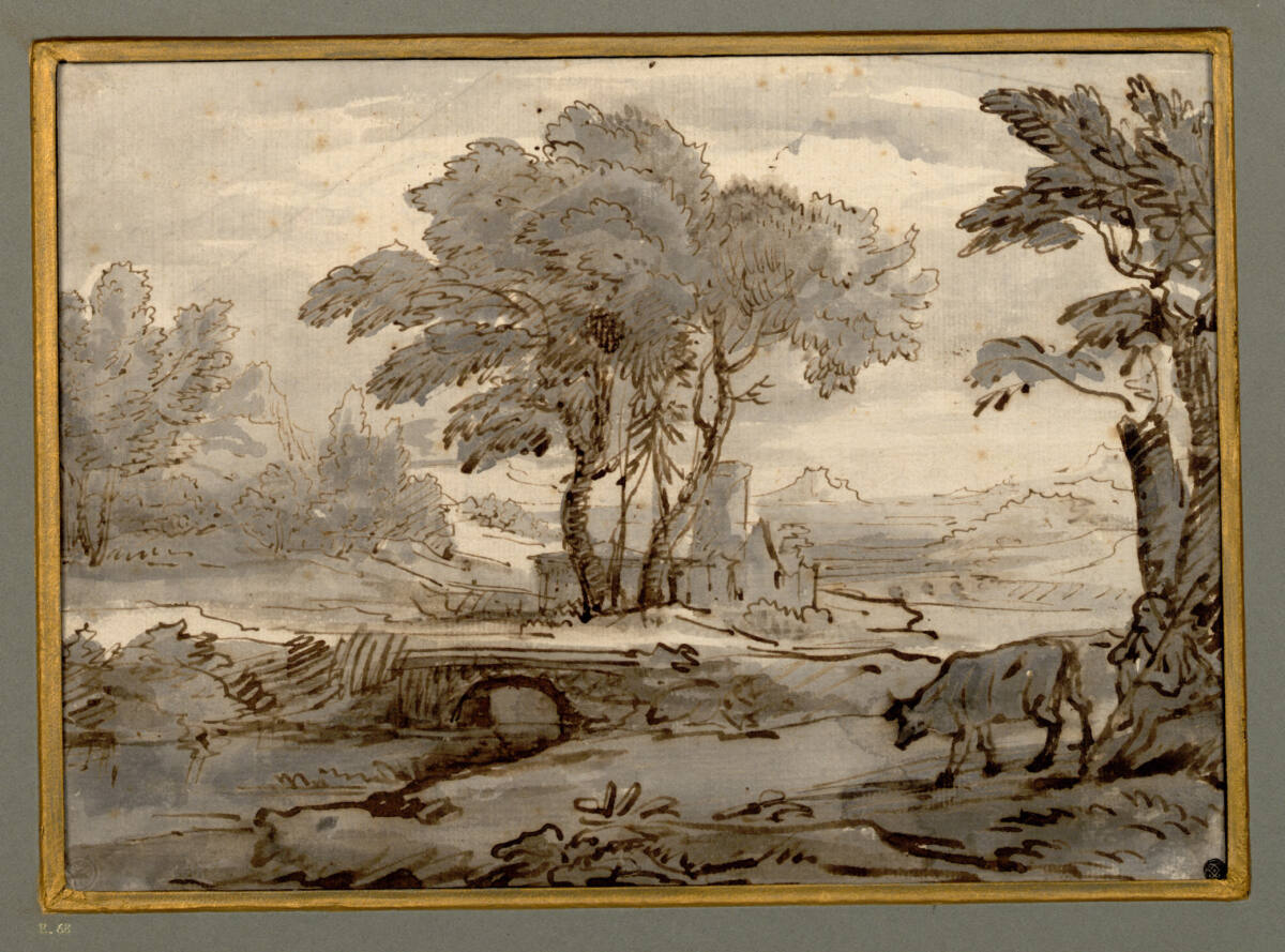 Anonym, Klassische Landschaft mit Bogenbrücke