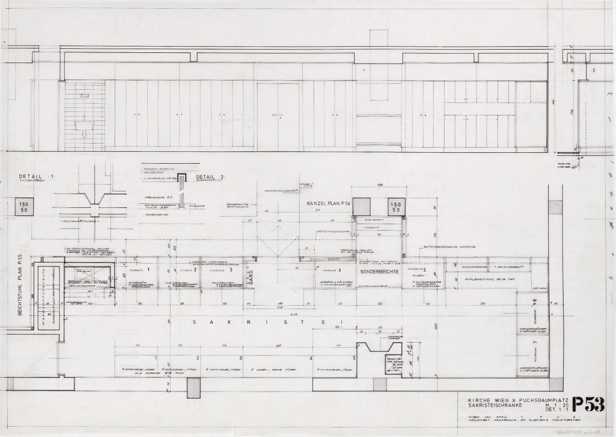 Wien, 10. Bezirk, Puchsbaumplatz, Pfarrzentrum "Zur Heiligen Familie"; Sakristeischränke, Horiz…