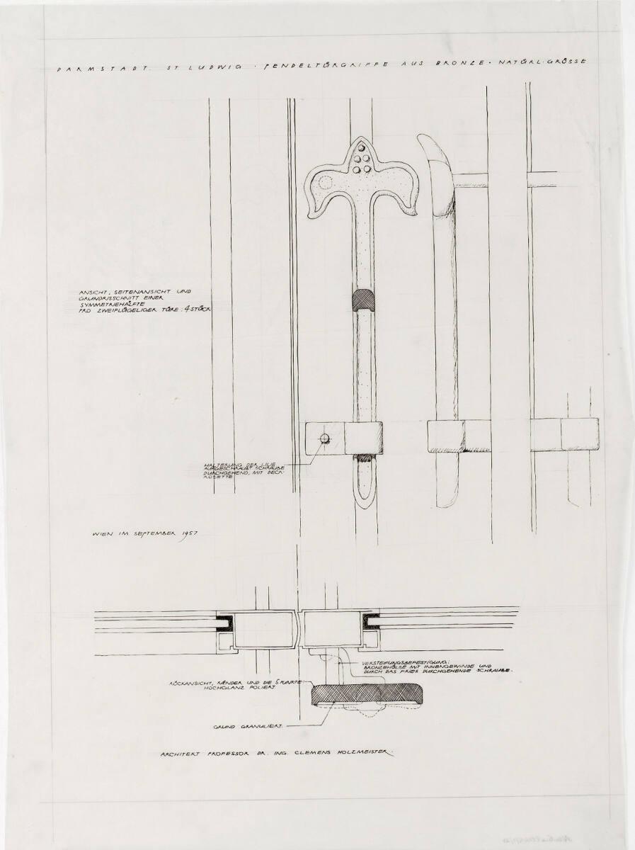 Darmstadt, St. Ludwig, Wiederaufbau; Variante E; Pendeltürgriffe aus Bronze, Ansicht mit Profil…