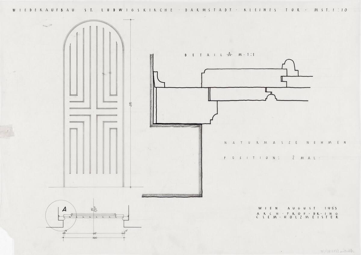 Darmstadt, St. Ludwig, Wiederaufbau; Variante E; kleines Tor, Ansicht, Horizontalschnitt; Detai…