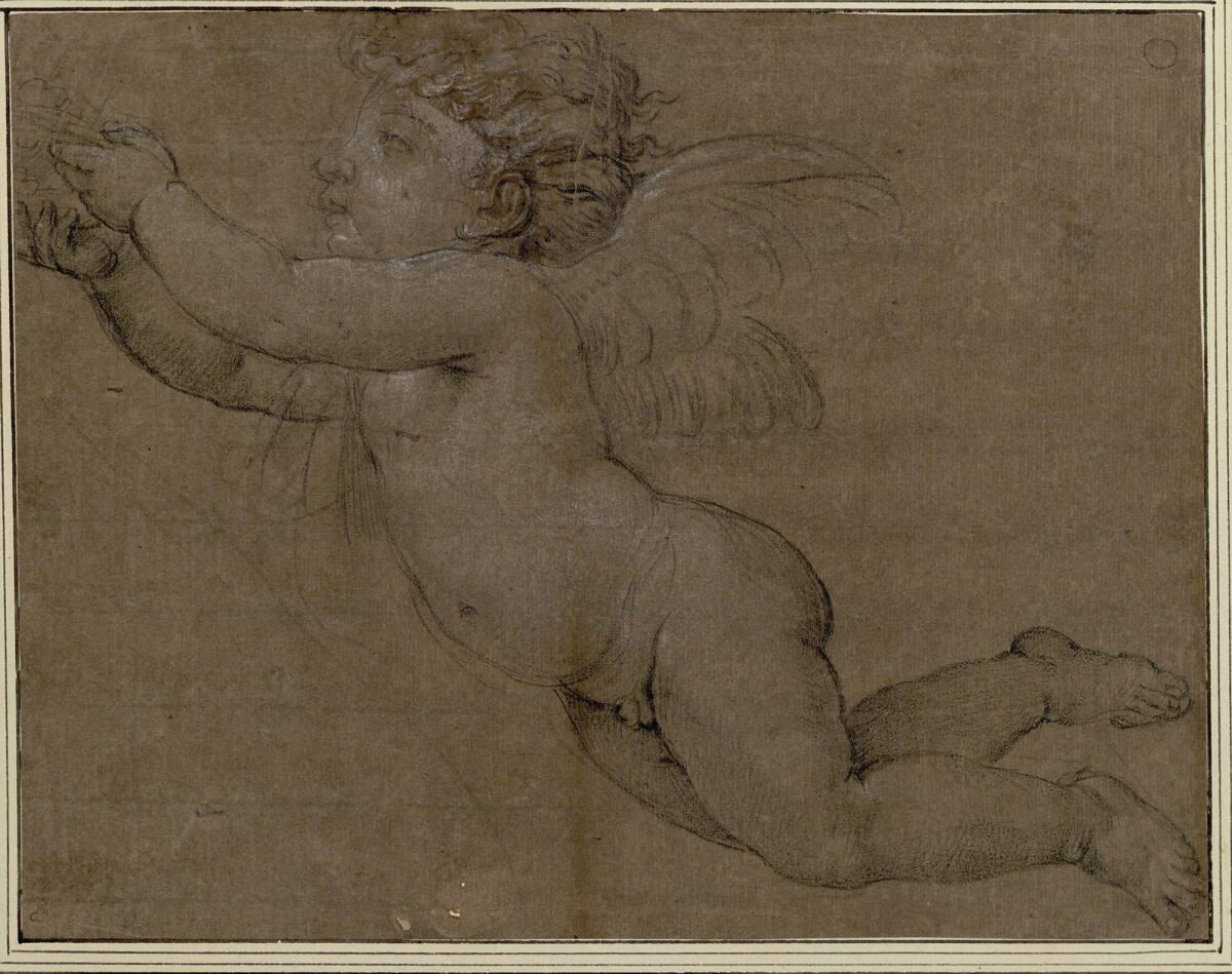 Eustache Le Sueur, Studie eines nach rechts fliegenden Engels oder Amor, eine Krone überbringen…