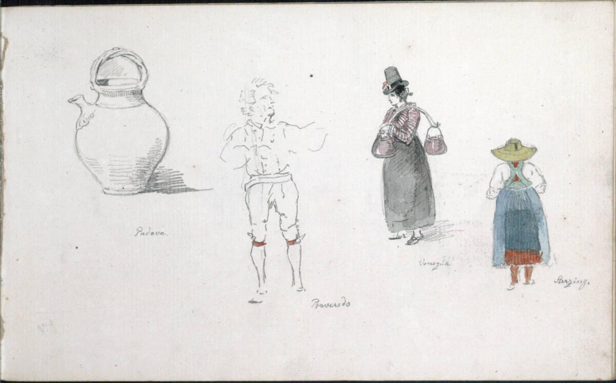 Friedrich Gauermann, Padova: Skizze eines Kruges; Figurenstudien aus Rovereto, Venedig und Ster…