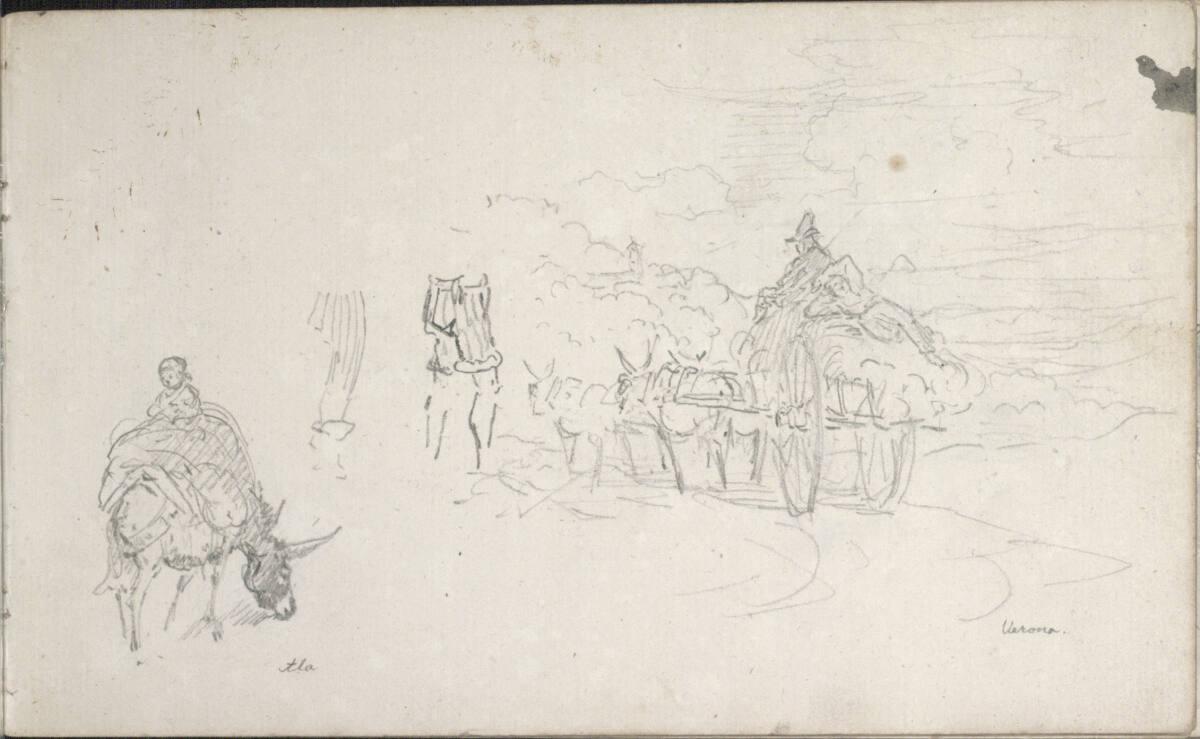 Friedrich Gauermann, Ala: Skizze eines Esels, ein Kind auf dem Rücken; Verona: Skizze einer Lan…