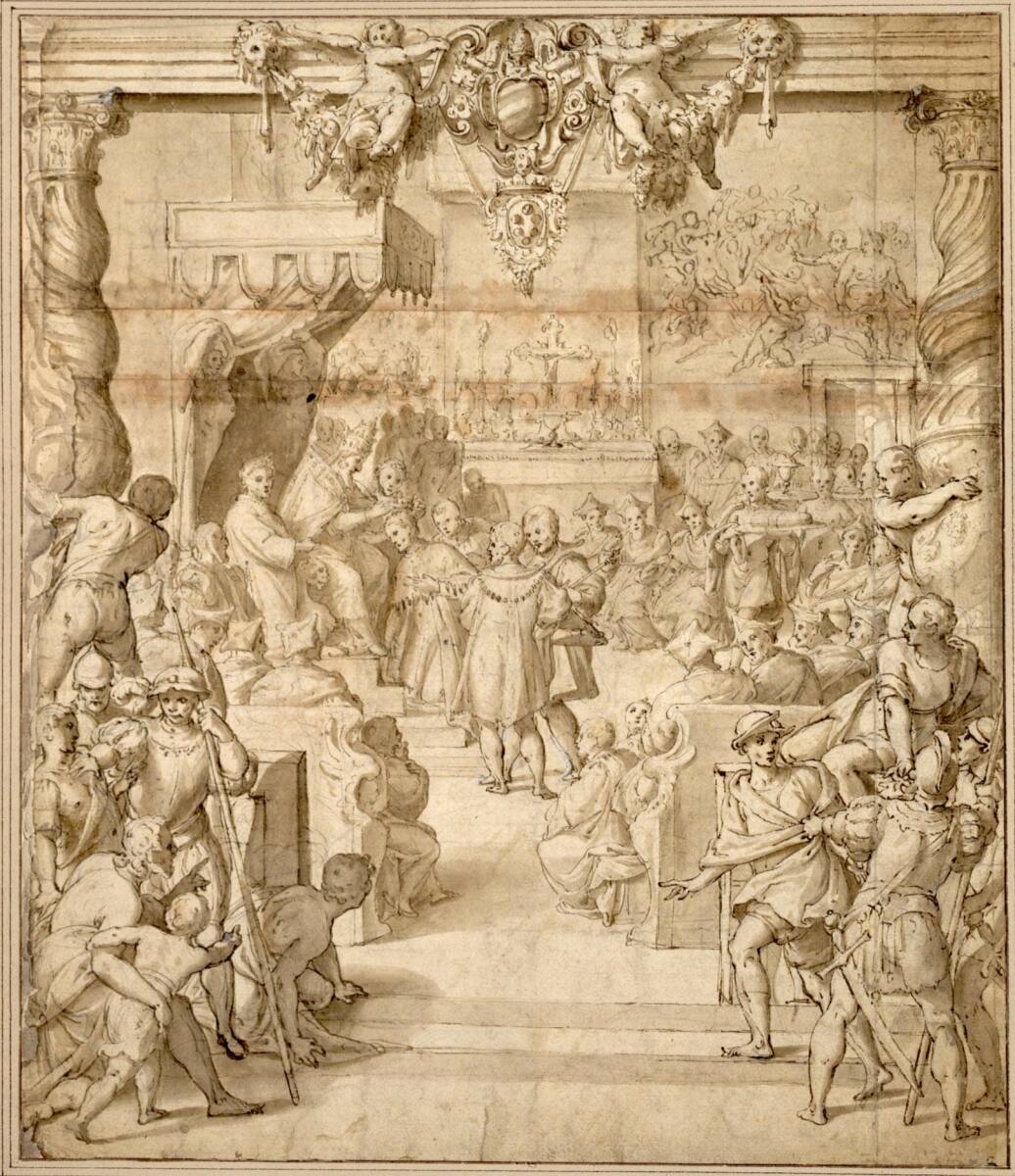 Papst Pius V. Ghisleri (1566-1572) krönt Cosimo I. de'Medici im Jahre 1570 in der Sixtinischen Kapelle in Rom. (Rechts das Kardinalskollegium, durch dessen Mitte Gastgeschenke getragen werden; rechts hinten über der Tür der Rückwand Andeutung von Michelangelos "Jüngstem Gericht"; Säulenumrahmung mit den Wappen der Ghisleri und der Medici), Cesare Nebbia