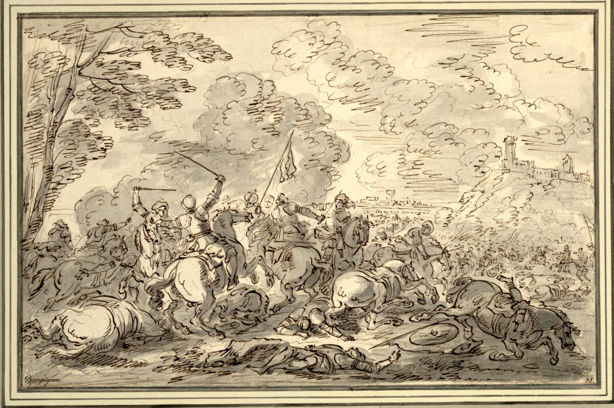 Reiterschlacht mit Stadt im Hintergrund, Charles Parrocel, 1740–1745?