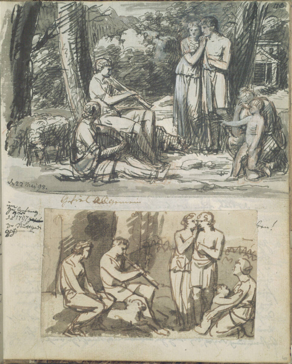 Bukolische Szene: Ein Flötenspieler, stehende und sitzende Figuren, Schafe (22. Mai 1798); darunter die gleiche Szene, in der Komposition etwas abweichend (Stuttgart, 1797), Jakob Gauermann, 1797