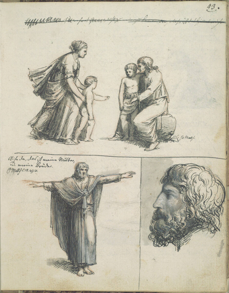 Christus und die Kinder; Christusfigur, die Arme ausgebreitet; ein bärtiger männlicher Kopf, Jakob Gauermann, 1798
