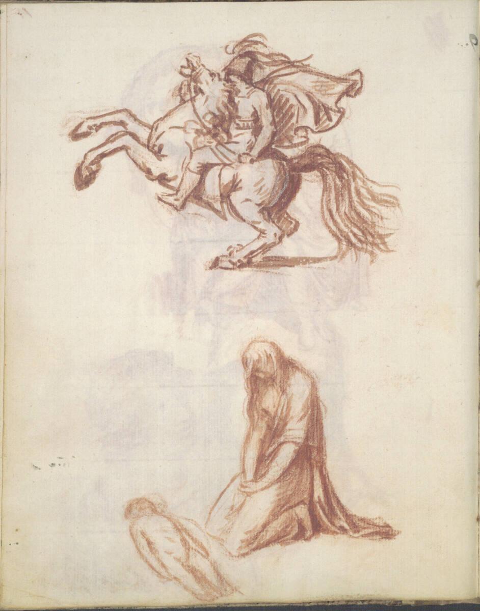 Jakob Gauermann, Ein Reiter zu Pferde, eine weibliche Figur kniet vor einem liegenden Kind, Inv…