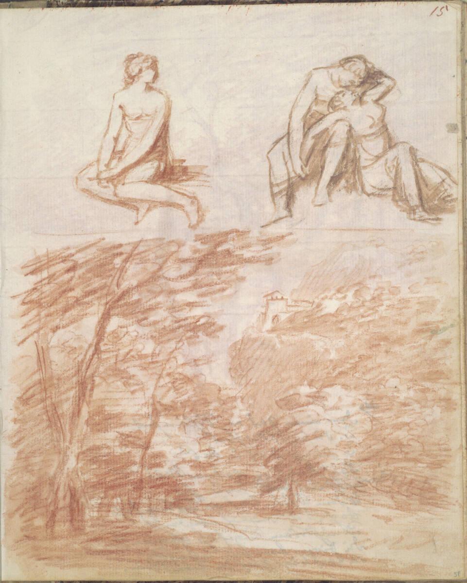 Jakob Gauermann, Eine sitzende weibliche Figur; ein sich umarmendes sitzendes Paar; Waldlandsch…