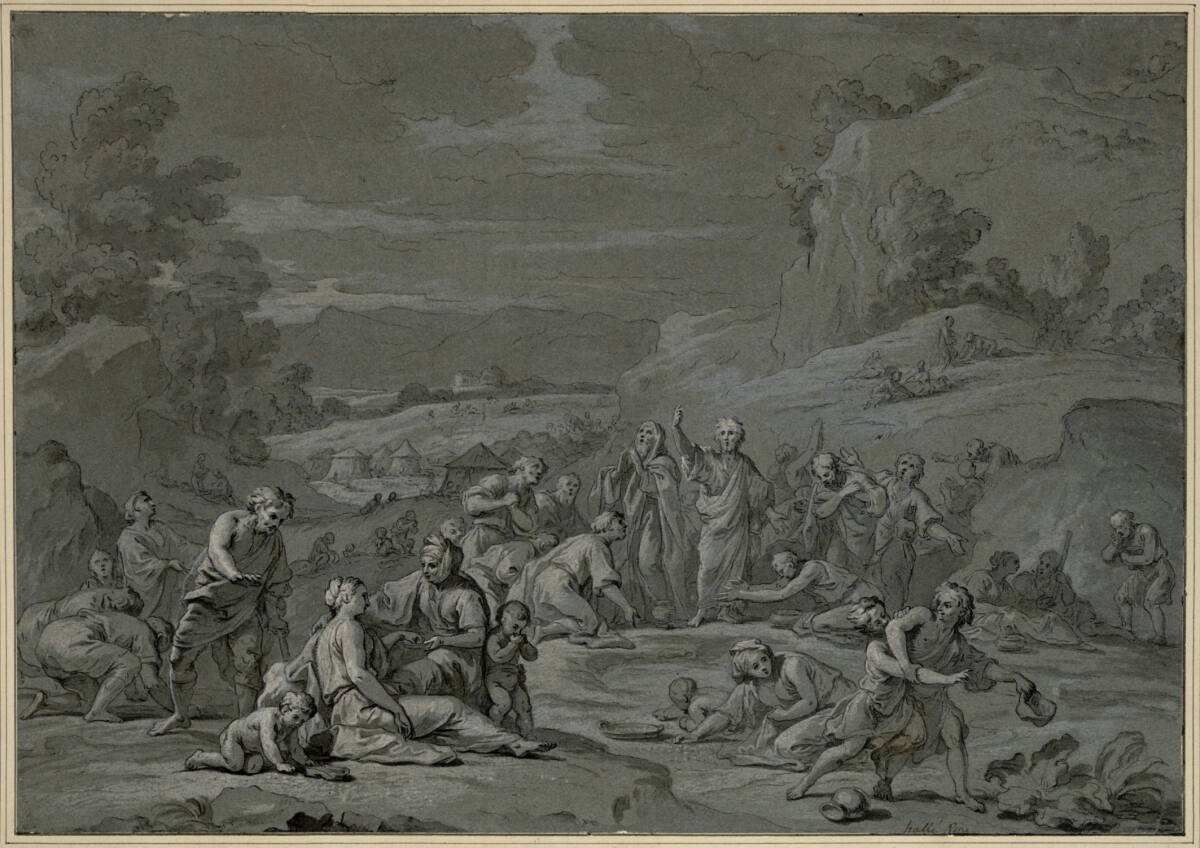 Die hungernden Israeliten bitten Moses um Hilfe, Claude-Guy Hallé