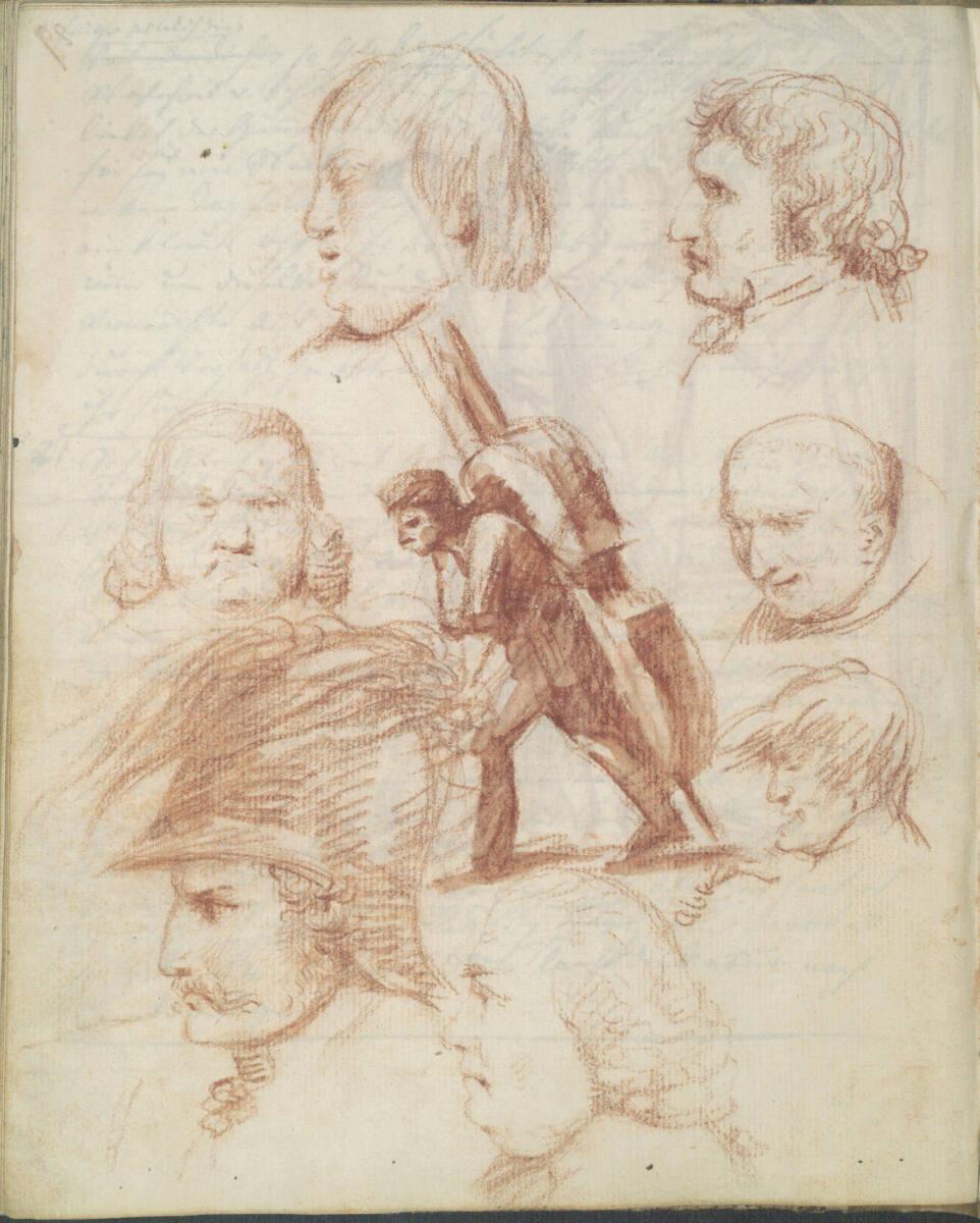 Jakob Gauermann, Kopfstudien und Studie eines Mannes, eine Baßgeige auf dem Rücken tragend, Inv…