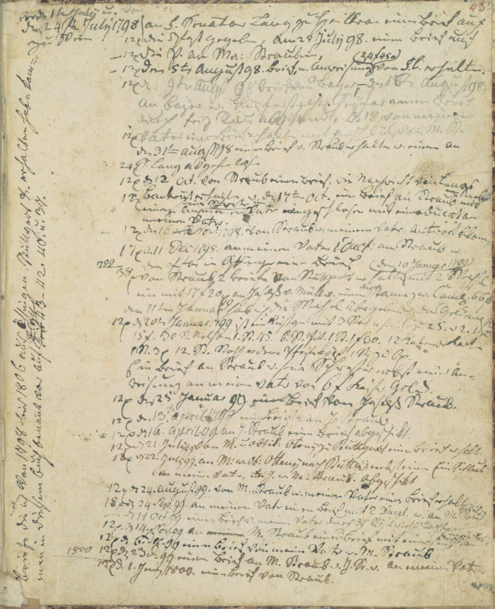 Eintragungen über erhaltene und geschriebene Briefe, 1798-1800, Jakob Gauermann
