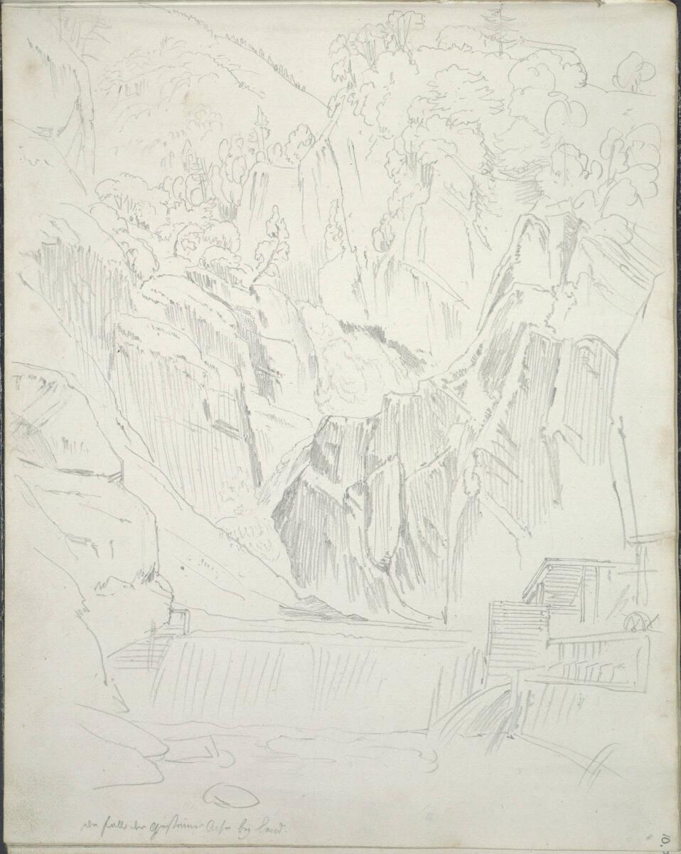 Heinrich Reinhold, Skizzenbuch: Blick von einer Mühle oder einem Wehr auf den Wasserfall der Ga…