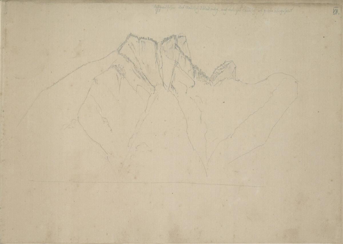 Heinrich Reinhold, Skizzenbuch: Umriss eines Bergzuges an einem See (im Skizzenbuch kopfstehend…