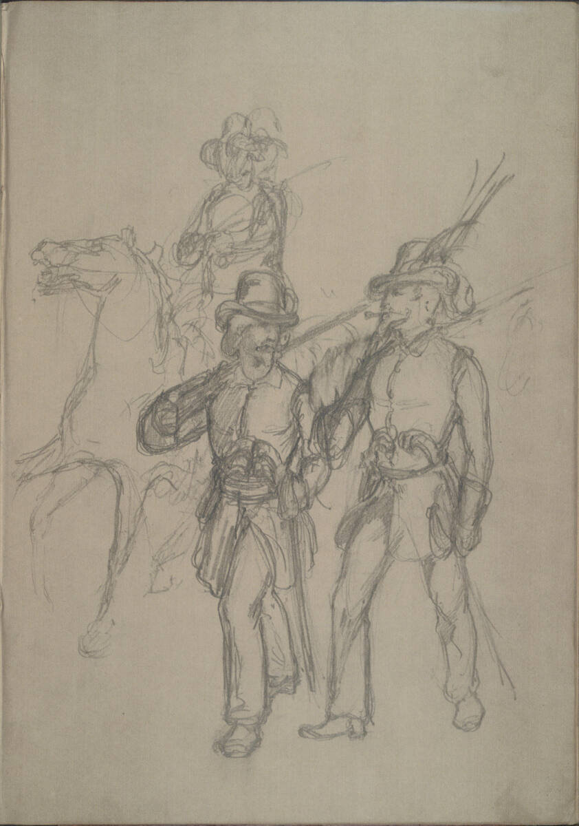 Skizze von drei Jägern (im Skizzenbuch kopfstehend), Johann Nepomuk Passini, 1848–1849